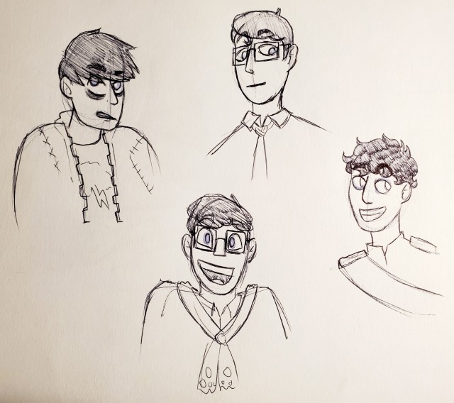 ballpoint pen bust sketches of four of the Sanders Sides: Virgil looking annoyed, Logan looking down with a proud expression, Patton looking excited, and Roman grinning