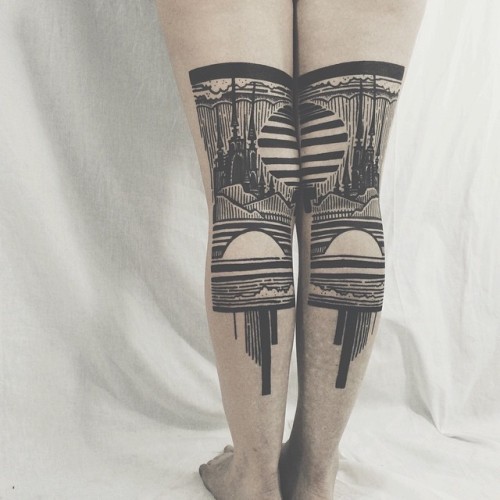 thisgreatblueworld:  jedavu:  Stunning Diptych Tattoos Form Landscapes Across the Backs of LegsTattoo artist Houston Patton crafts intricate landscape scenes that span the back of his client’s legs. Working under the name Thieves of Tower, he collaborates