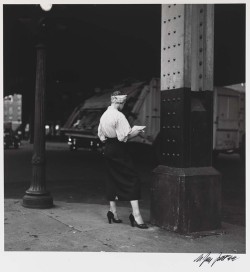 k-a-t-i-e-:  Woman Reading Paper Under the El, 1950 N. Jay Jaffee 