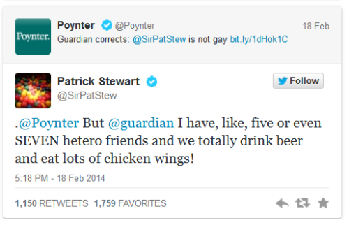 lgbtlaughs: The Guardian incorrectly cites Sir Patrick Stewart as gay after he congratulated Ellen P