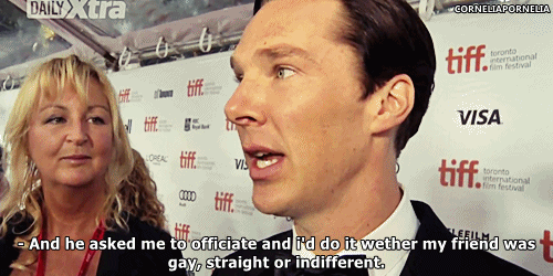 perlockholmes:  corneliapornelia:  Requested by anonymous: Benedict getting asked about when he officiated his friend’s marriage in Ibiza   That is one A+ answer 
