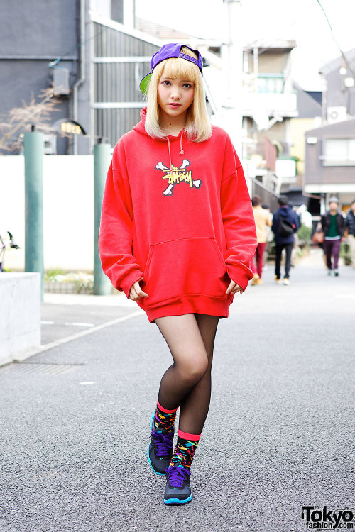 Egg Magazine model &amp; Nadia Harajuku staffer Nanaho in Harajuku with oversized Stussy hoodie, cap