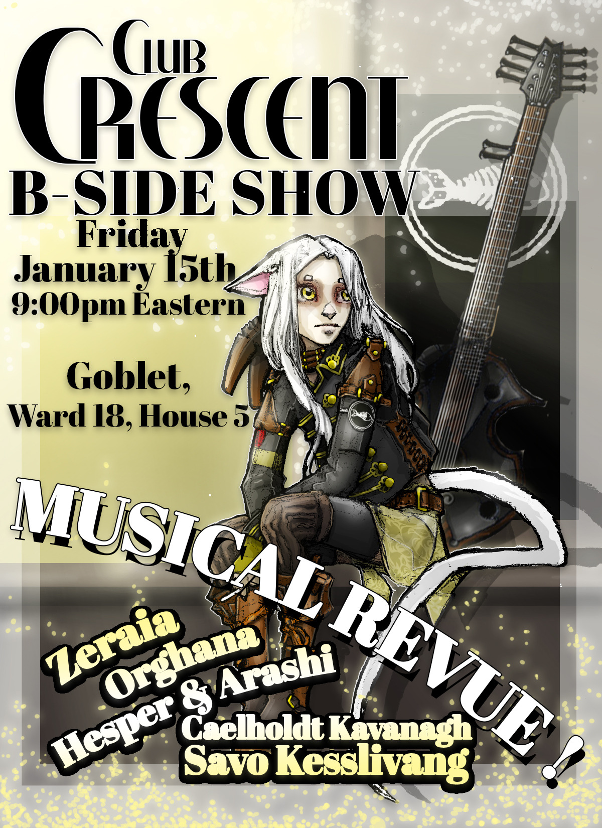 Musical Silliness at Club Crescent @crescent-ffxiv on the BALMUNG server Come for a night of dubious socializing, suspicious refreshments and a display of questionable talents! Required plugs: @orghanabolir @whimsicalcuriosity @diavhallum...