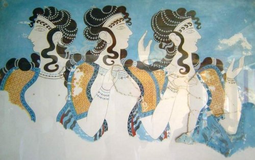 myancientworld:‘Ladies in Blue’This Late Minoan fresco was discovered in Knossos, Crete, and has bee