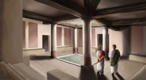 Recreación del atrio a partir de los restos conservados del edificio de los baños de la villa romana