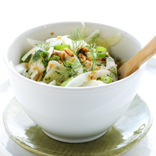 Pear & Fennel Salad w. Colatura & Pine Nuts 1/8 cup Pine Nuts (toasted) 1 pear, ripe but on 