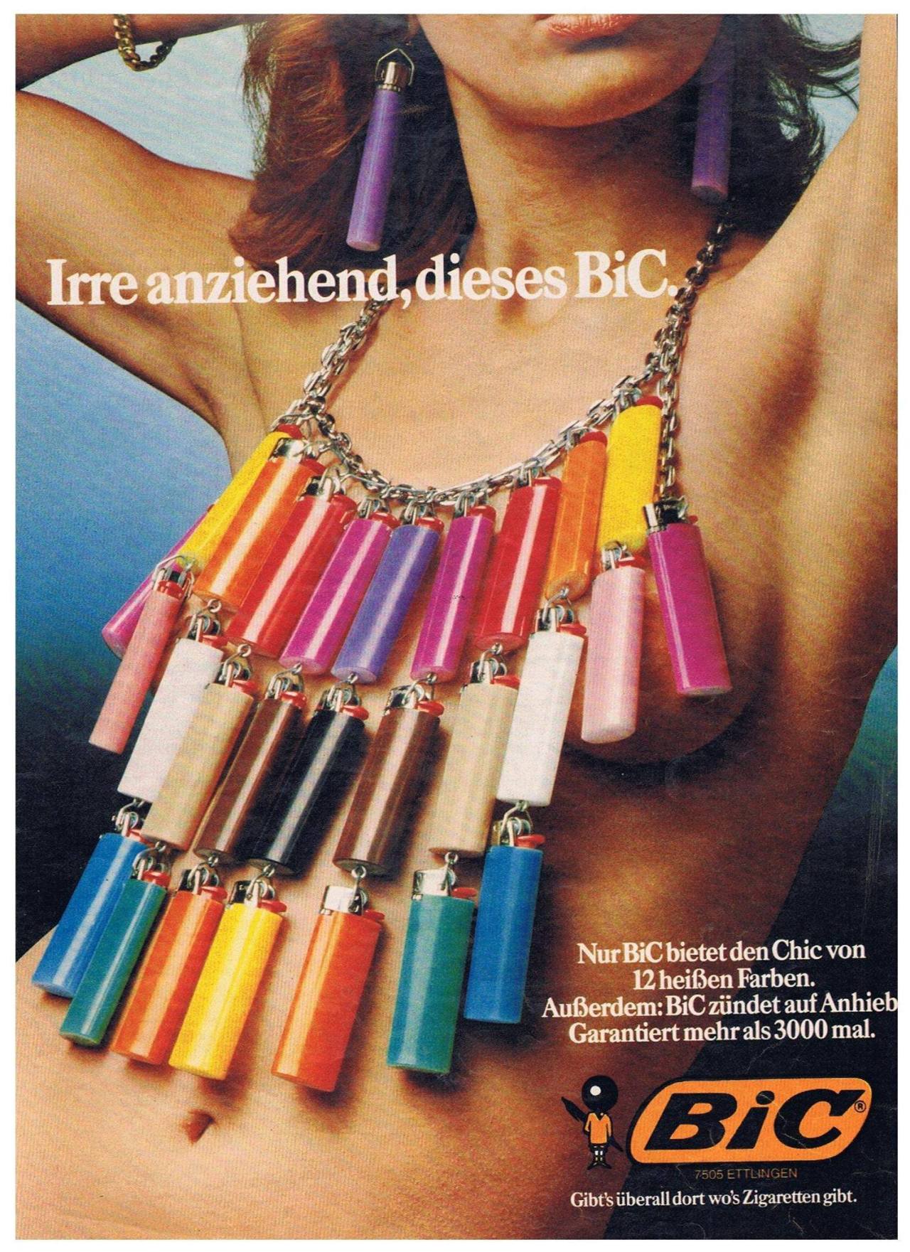 german bic lighter advertisement translates into “madly attractive, this bic. only bic offers the chic of 12 hot colors. moreover: bic ignites straight away. guaranteed more than 3000 times.” #germany#german#90s aesthetic#aesthetic lighter#lighter#bic