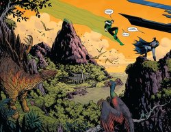 browsethestacks:  Batman Giant #08  Script: Brian Michael Bendis Art: Nick Derington  *posing dramatically on a rocky outcrop, wind billowing my cape majestically* I love dinosaurs.