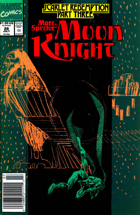 comicartistevolution:  Bill Sienkiewicz 1991: covers to Marc Spector: Moon Knight #26 - 31 It’s always great to see Sienkiewicz return to Moon Knight, and providing the covers the all six issues of the “Scarlet Redemption” arc was a bonus!