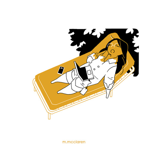 [Description: A cartoon of myself asleep on a lounge chair underneath a tree.  Around me are th