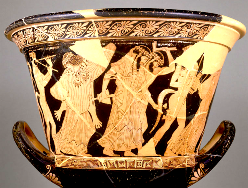 via-appia:Attic Red-Figure Calyx Krater, the return of Hephaestus to Olympia accompanied by Dionysus