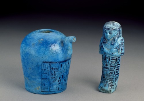 Ushabti and Libation Vessel inscribed with hieroglyphs (glazed faience earthenware), from the Tomb o