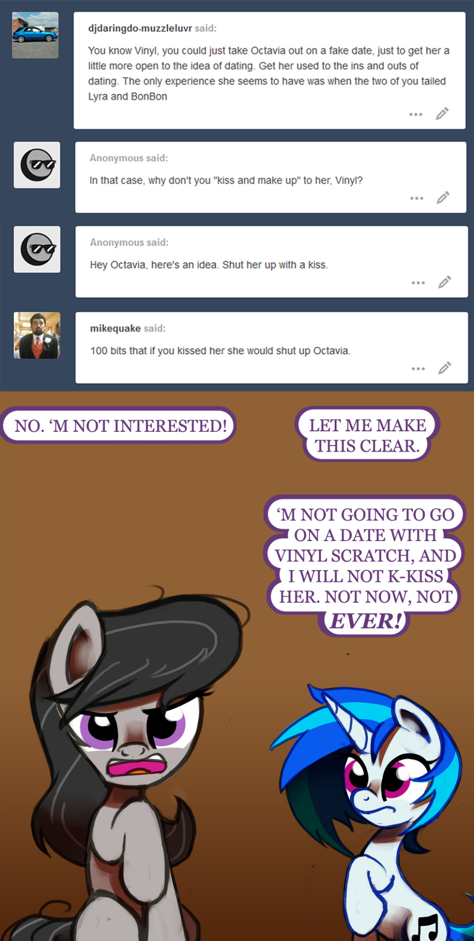 ask-canterlot-musicians:Ok, I know we said some things…Stop denying your loooooove~