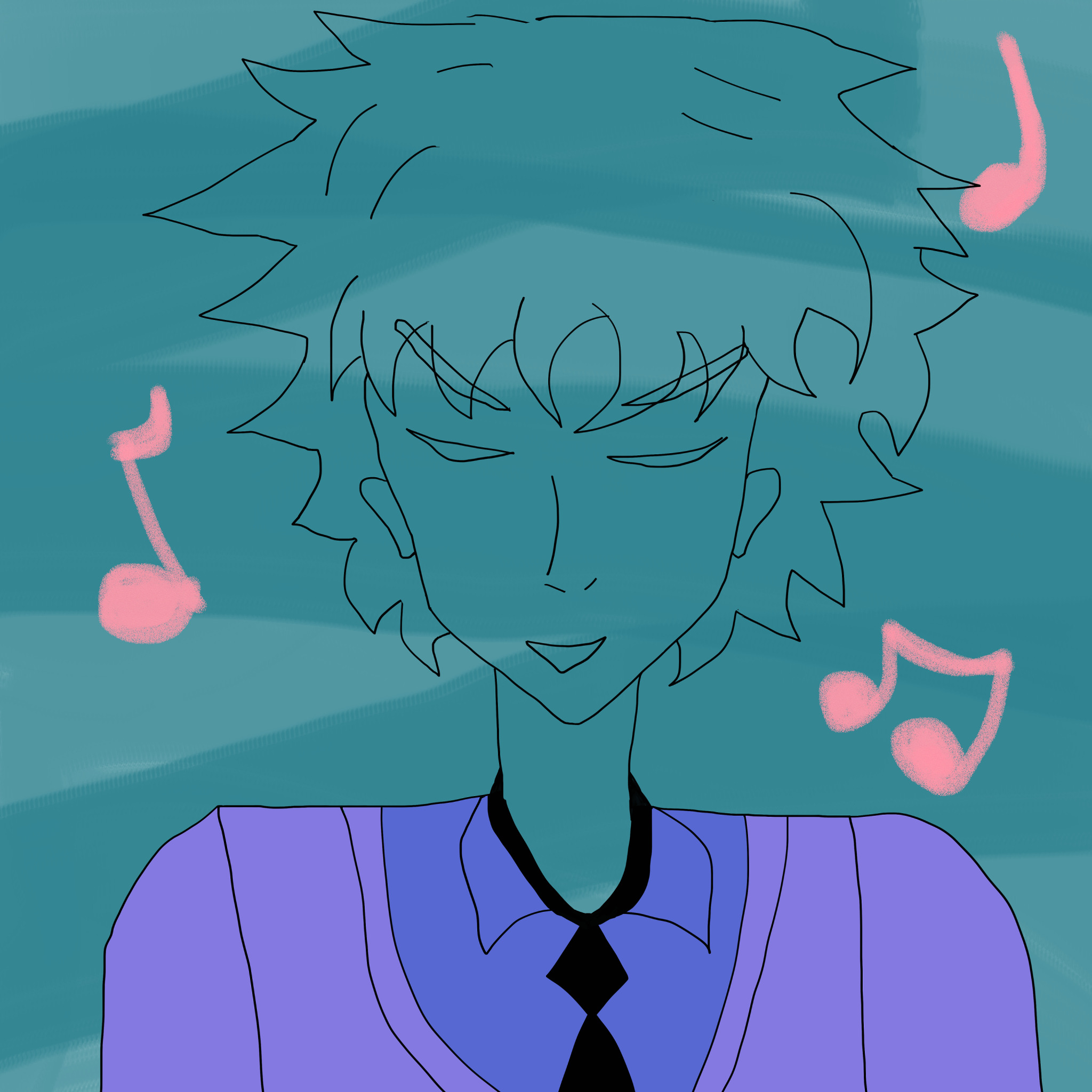 layla singing rose pink notes with a dreamy sea-like overlay and wearing a lavender suit and mauve shirt with black tie over the shirt collar.