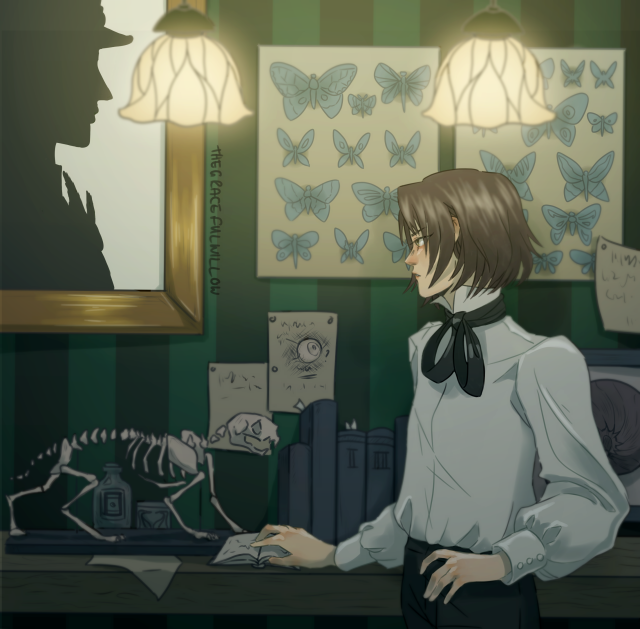 Digital fanart of the character Louis from Vanitas no Carte. The setting is an interior with a dark green, striped wallpaper; it contains a cluttered desk and several images on the wall. On the desk, there are several books, a nautilus shell and a small animal skeletons. Several sheets of paper are pinned to the wall, as well as two frames showing a butterfly collection - containing blue butterflies - and a large frame on the left containing a silhouette image of a man in profile. Louis is standing toward the right third of the image, his head framed by the butterfly collection. He is a boy with chin length dark hair, a white blouse and a dark neck ribbon and trousers. He is visible up to his hips, leaning against the desk, holding open a small book lying on the desk. Louis is looking up at the silhouette with a serious expression The scene is illuminated by two ornamental lamps that are slightly out of focus. They look like stylized upside down flowers and they shine a warm light.