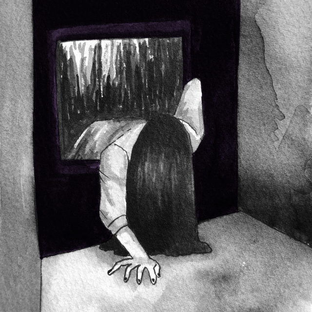 An ink drawing of a scene from Ringu. It features a girl with long dark hair crawling out of a television.