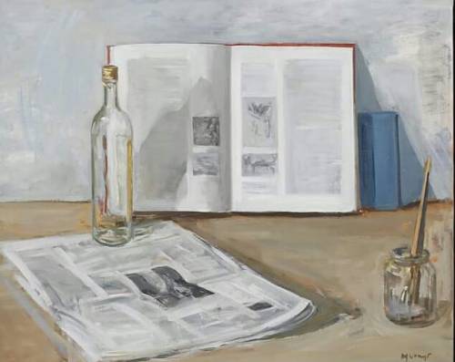 Still life with wine bottle and newspaper    -   Ulf Wrangö , n/d.Swedish, b.1950  -Oil on canvas ,6