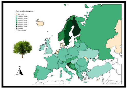 mapsontheweb: Europe mapped by trees per kilometre squared (tree density).