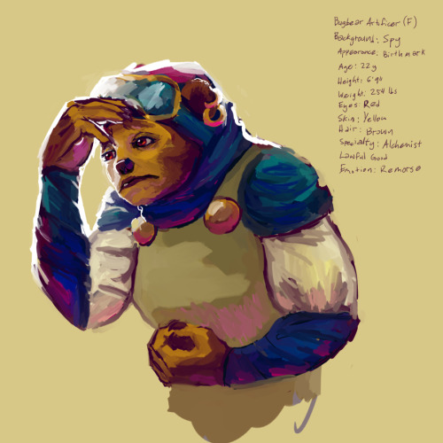 Day 40: Bugbear Artificer (F)Background: SpyAppearance: BirthmarkAge: 22Height: 6'9"Weight: 254