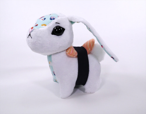This bunny is literally his favorite sushi!  Handmade plush by me, made with minky, fleece (for the 