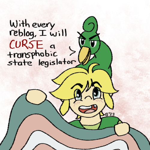 digital art of minish cap link smiling while holding up a trans flag. ezlo is on his head and says, "With every reblog, I will curse a transphobic state legislator." end ID.