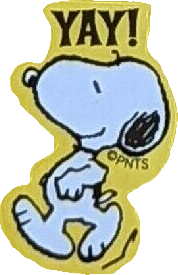 sticker of snoopy from peanuts. he is walking with a proud grin on his face. the sticker has a yellow trim and reads 'yay!'