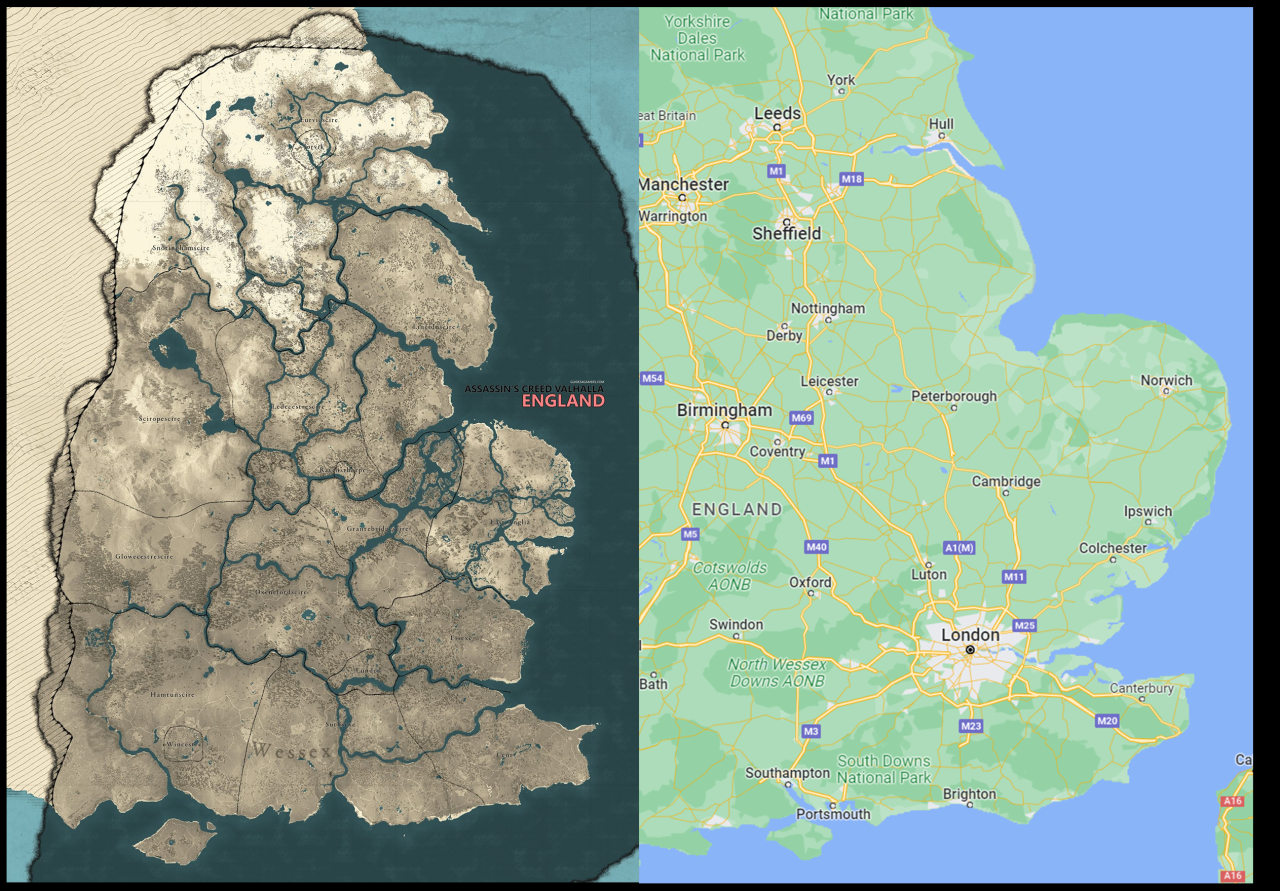 Map of Assassin's Creed Valhalla compared to - Maps on the Web