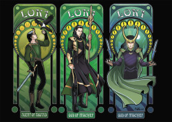 studiokawaii:  Our three Art Nouveau´s Lokis! Agent of Asgard, Thor: The Dark world and Ragnarok! Which one do you like best? :DYou may find prints, t-shirts, mugs, etc.. In our Redbubble and Society6 stores!  Would you like to see another Art nouveau