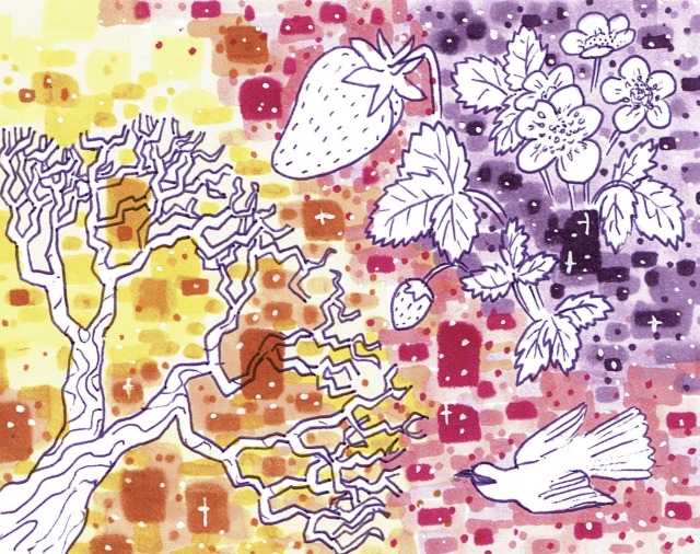 A marker illustration featuring blocks of yellow, orange, pink and purple. A fractal-like tree, a strawberry plant, and a bird emerge from various points.