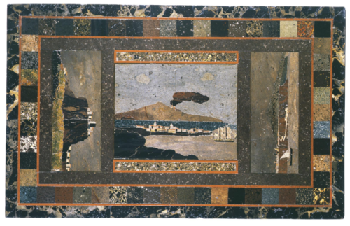 An Italian polychrome lavastone panel with a view of Mount Etna by Giovanni Battista Cali (documente