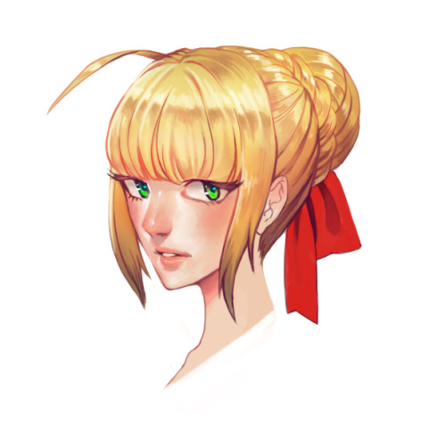 yoyonaki:  warm up before I draw Fate/Zero fanart TTT 7 TTT) Saber from FATE/EXTRA!!! I also made a step by step GIF….I do simple coloring on the skin and hair…and then I add shit tons of layers on top of lineart layers lol…..