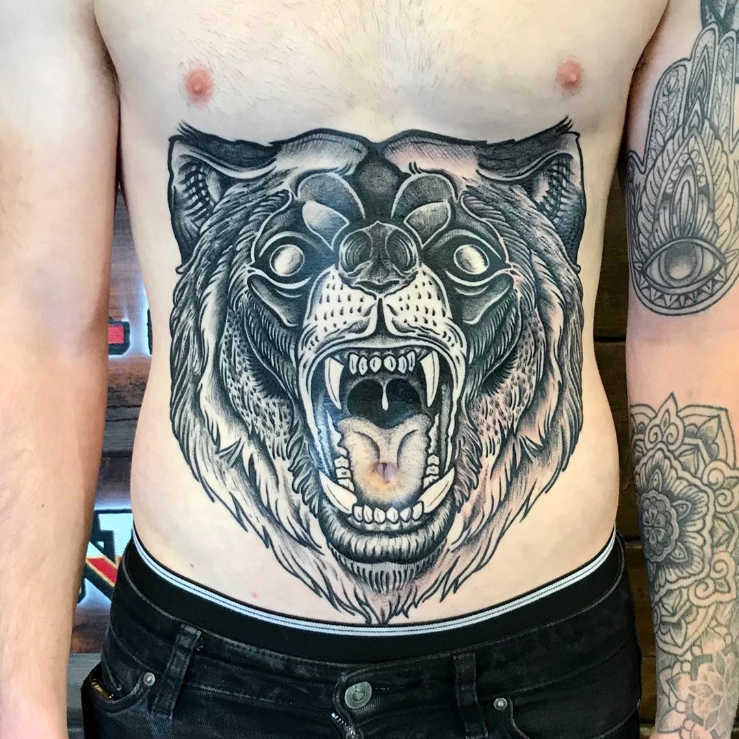 Stomach Tattoo by Bradley Tompkins  Traditional bear tattoo Bear tattoo  Tattoos