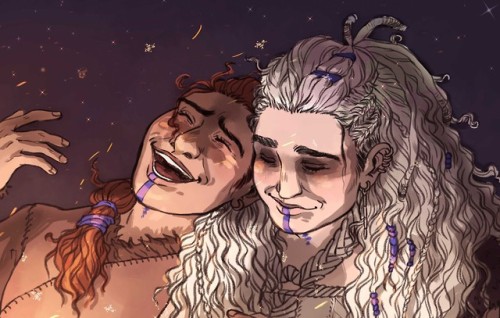 infernallegaycy: mono-blogs: A tender, happy moment. [id: an illustration of zuala &amp; yasha. 