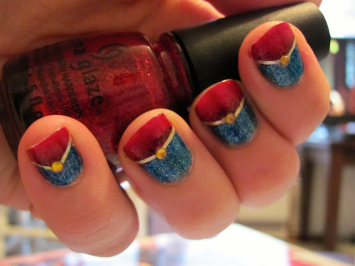 shinykari:  Captain Marvel manicure! Waaaay more complicated than most of my other manicures, but Carol is totally worth it. China Glaze ‘Ruby Pumps’ and ‘Dorothy Who?’ with gold striping tape and rhinestones, with two coats of Seche Vite to seal.