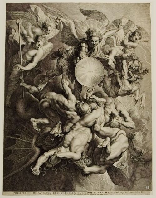 hadrian6:  The Archangel Michael expelling the bad Angels. 17th.century. after Rubens. Lucas Vorsterman. Flemish 1595-1675. engraving. http://hadrian6.tumblr.com 