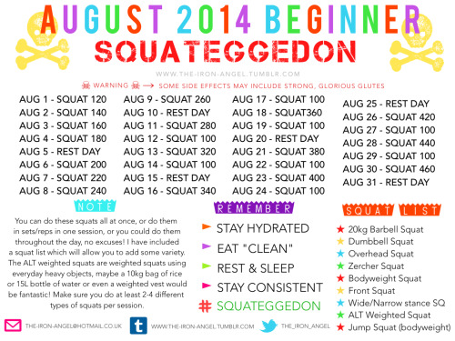 iwillbeskinny123:  workinonmyfitnessbetterme:  fitpositively:  the-iron-angel:  THE-IRON-ANGEL »»> NOVEMBER 2014 BEGINNER SQUATEGGEDON ««< »»> DECEMBER 2014 BEGINNER SQUATEGGEDON ««< Alright everyone! I’ve spent a lot of time doing