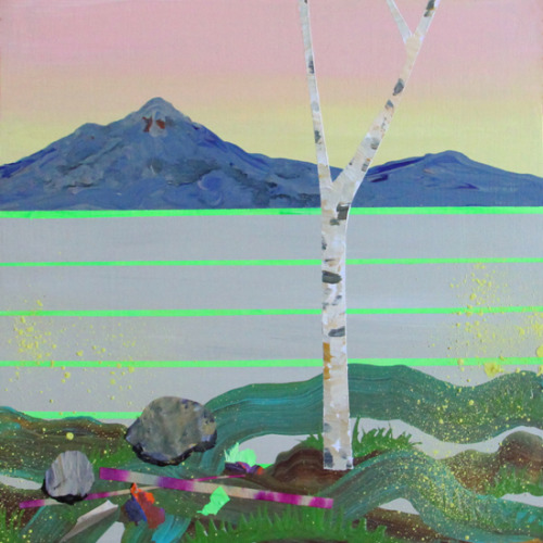 fyeahwomenartists:  Michelle Fleck Clearing Acrylic, aerosol, and collage on panel 6” x 6”