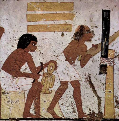 Ancient Egyptian carpenters at work.  Wall painting from the Tomb of Nebamun and Ipuki at Thebes; ca