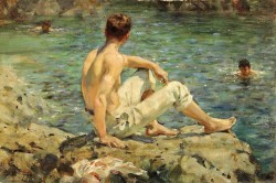 uranist-art:  Henry Scott Tuke (1858-1929) – Peintre britannique  Green and Gold / Vert et Or  L’artiste est principalement connu pour ses peintures représentant de jeunes hommes ou adolescents généralement nus, dans un cadre naturel. Ce sont surtout