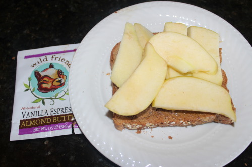 anotherhungryvegan:  In the making of my toast with almond butter and half a sliced apple. I’m actually surprised at how much almond butter was in this single pack. It’s really good, although I didn’t taste a STRONG espresso flavor.  Vanilla espresso?
