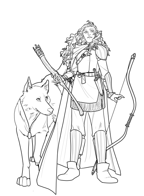 The Mercenary, Setti Ivarran and her wolfdog pup, Faolan.  Never really drawn a canine before, but h