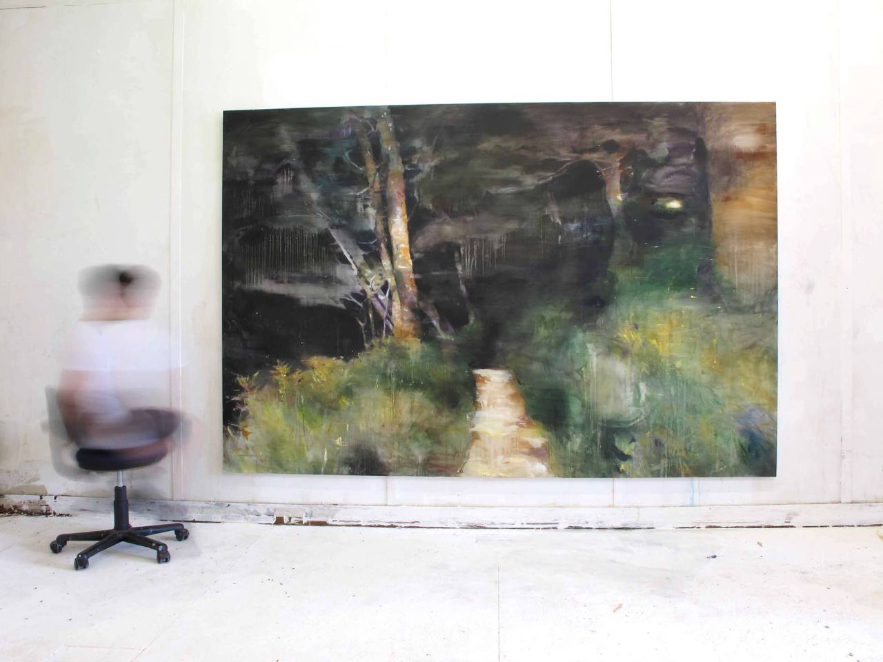 criwes:  Lou Ros sitting in front of his painting No Man’s Land. (tumblr)