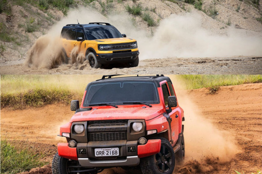 Novo Ford Bronco amarelo atrás do jipe Troller vermelho em fotomontagem