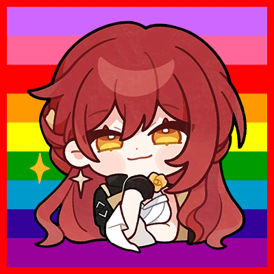 A chibi-style image of the character Himeko from the video game Honkai Star Rail overlaid atop the nine-stripe Gilbert Baker pride flag, with a red border.