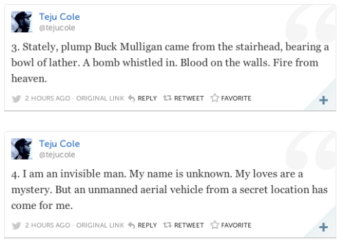 jhermann:Teju Cole continues to devastate in 140 characters or less.ProPublica: Everything we know s