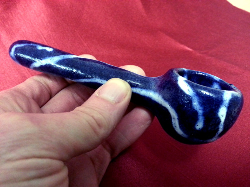 pipe, ceramic rough volcanic texture, handmade, 6 inches, blue with white swirl for $25 sold at http