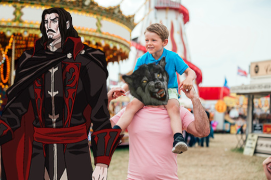 A photo of a parent with a child on their shoulders at a fairground. The child looks ordinary, but the parent has been edited to have a werewolf's head, and standing next to them is Dracula from Netflix's Castlevania, representing the other parent.