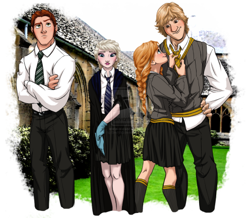 summersone:Disney at Hogwarts by Eira1893  Gryffindor Prince Charming, Philip, Ariel & Eric, Aladdin, Merida, Tarzan, KidagakashHufflepuffSnow White & Prince Ferdinand, Cinderella,Tiana, Anna & KristoffRavenclawAurora, Belle, Rapunzel, Milo