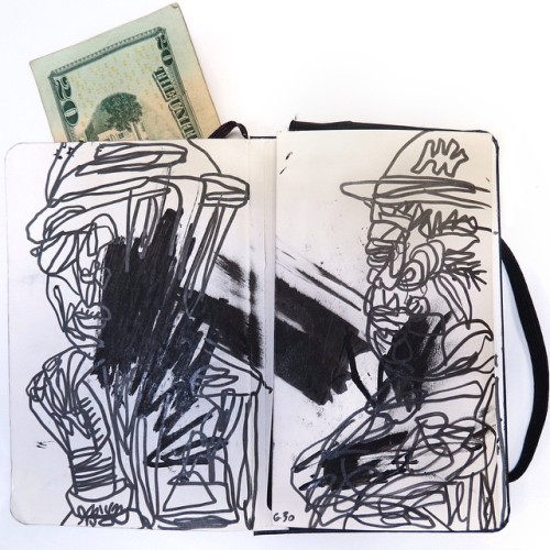 moleskinelovers:  sashalynillo:  This morning, I found this ฤ bill on the subway steps. This was right before I got on the train, to draw my last entry in the December baby moleskine of 2014. Twelve baby moleskines filled with drawings from life. So