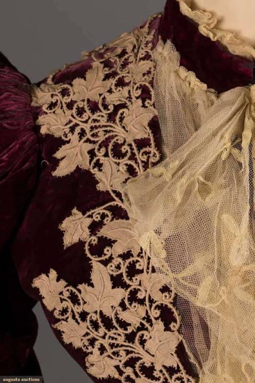 BURGUNDY SILK, VELVET & LACE VISITING DRESS, c. 1894-18952-pc visiting dress in burgundy satin &